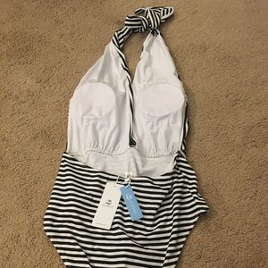 Striped plunging one piece halter bathing suit